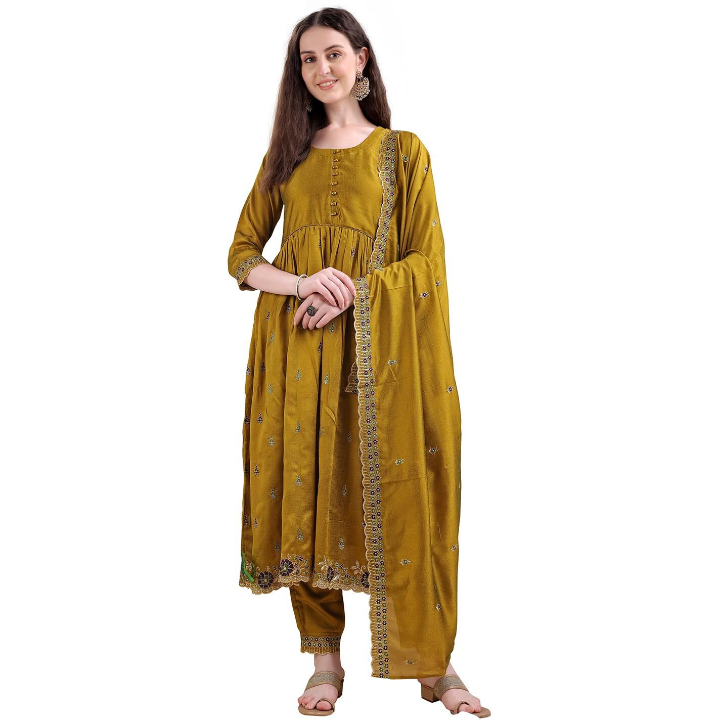 Pratham Blue Women's Rayon Embroidered Anarkali Kurta And Pant With Dupatta Set (Kurta Set For Women_Bkpa-1060-Xxl_Yellow)