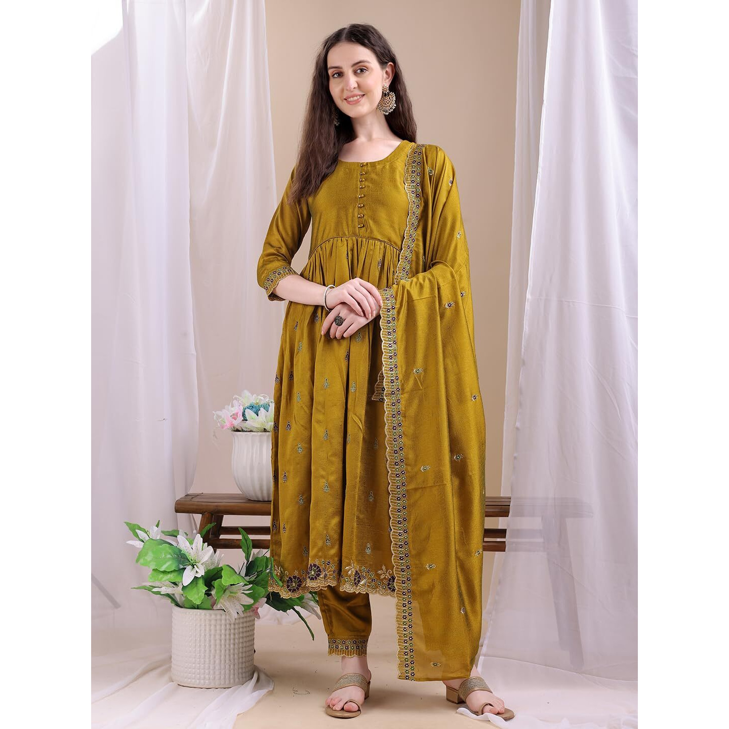 Pratham Blue Women's Rayon Embroidered Anarkali Kurta And Pant With Dupatta Set (Kurta Set For Women_Bkpa-1060-Xxl_Yellow)