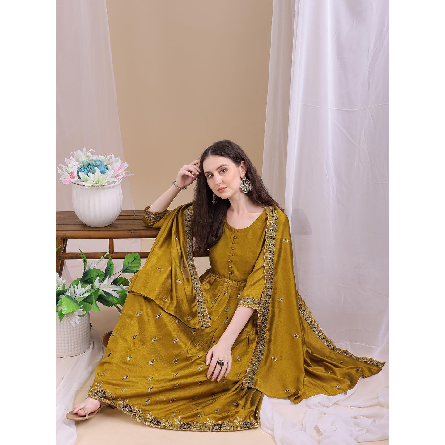 Pratham Blue Women's Rayon Embroidered Anarkali Kurta And Pant With Dupatta Set (Kurta Set For Women_Bkpa-1060-Xxl_Yellow)