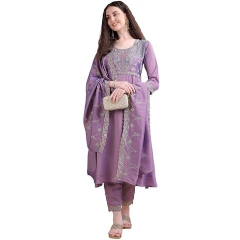 Pratham Blue Women's Rayon Embroidered Anarkali Kurta And Pant With Dupatta Set (Kurta Set For Women_Bkpa-1043-L_Peach Pink)