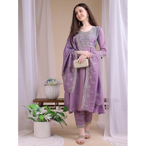 Pratham Blue Women's Rayon Embroidered Anarkali Kurta And Pant With Dupatta Set (Kurta Set For Women_Bkpa-1043-L_Peach Pink)