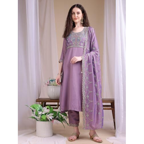 Pratham Blue Women's Rayon Embroidered Anarkali Kurta And Pant With Dupatta Set (Kurta Set For Women_Bkpa-1043-L_Peach Pink)