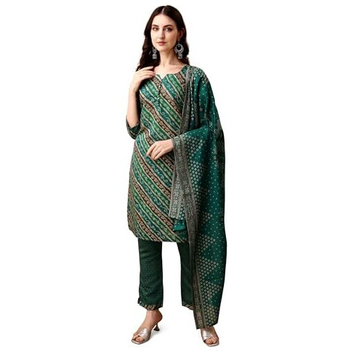 Pratham Blue Kurta Set For Women Cotton Blend Straight Printed Kurta Set For Women With Pant And Dupatta (Pb-6214-Xl_Green)