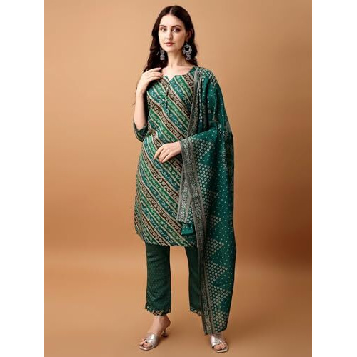 Pratham Blue Kurta Set For Women Cotton Blend Straight Printed Kurta Set For Women With Pant And Dupatta (Pb-6214-Xl_Green)