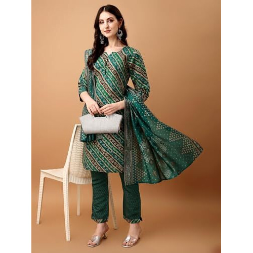 Pratham Blue Kurta Set For Women Cotton Blend Straight Printed Kurta Set For Women With Pant And Dupatta (Pb-6214-Xl_Green)