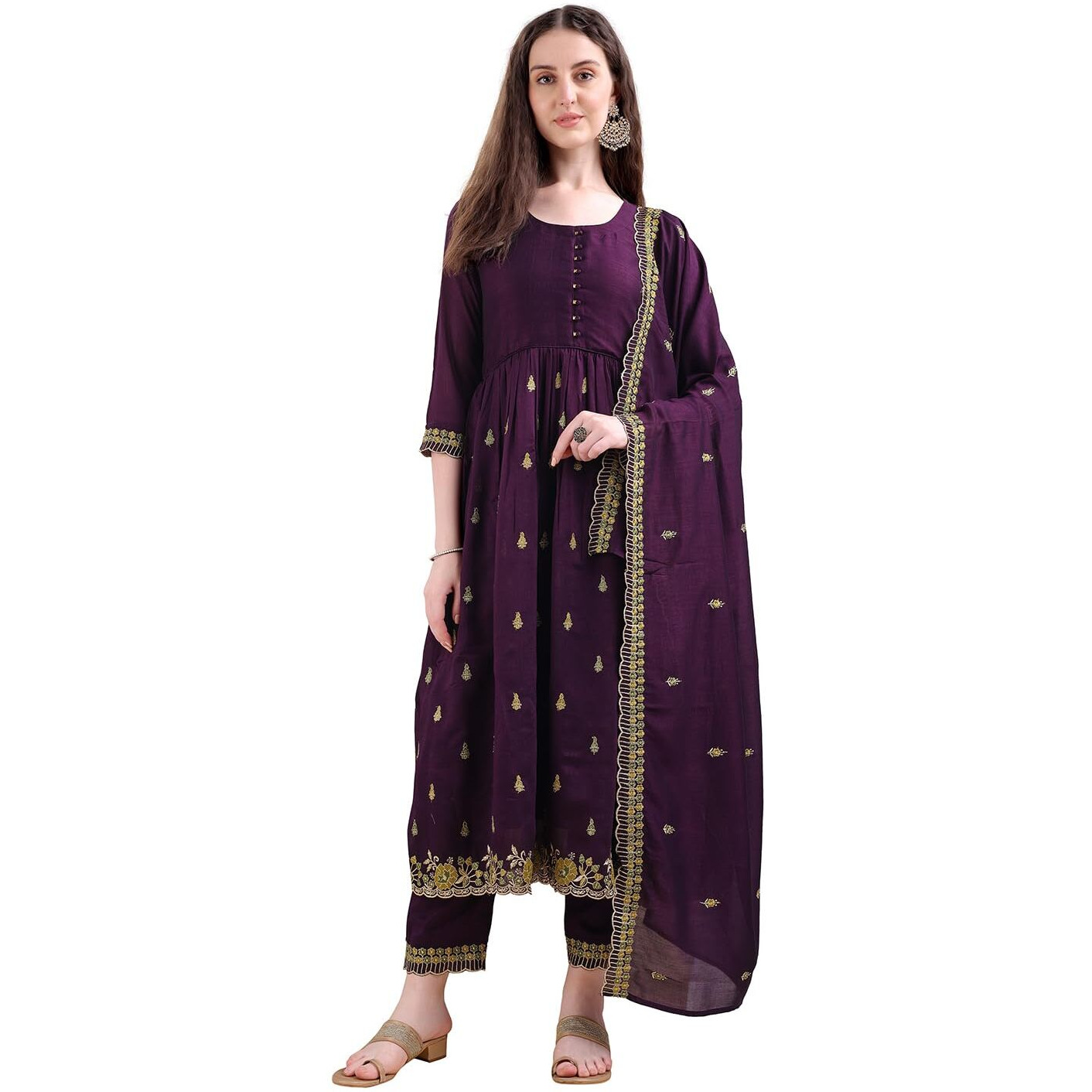 Pratham Blue Women's Rayon Embroidered Anarkali Kurta And Pant With Dupatta Set (Kurta Set For Women_Bkpa-1059-Xl_Purple)