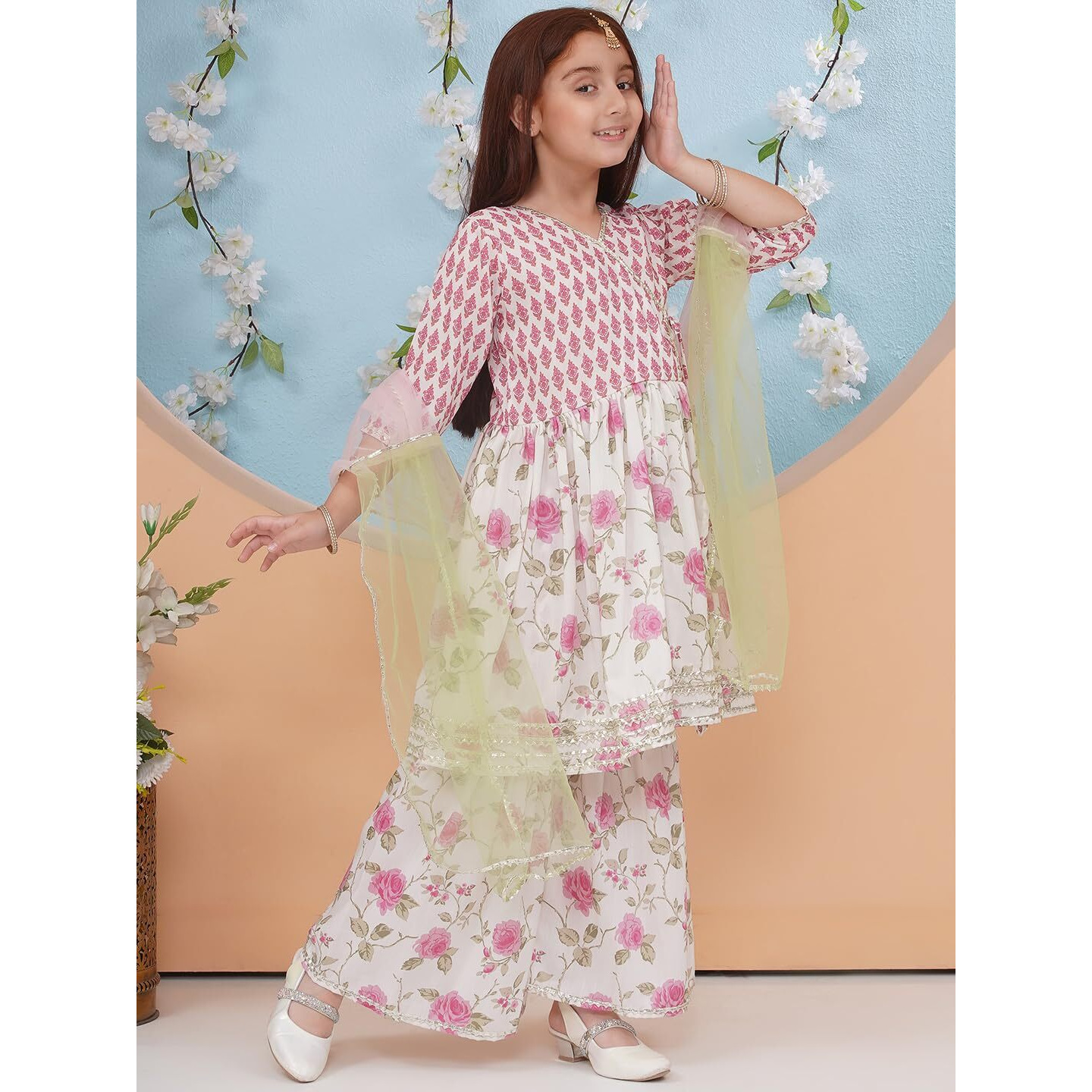 Preneum Girls's Cotton Rayon Floral Printed Angrakha Kurta With Sharara & Dupatta, Off White, 11-12 Years