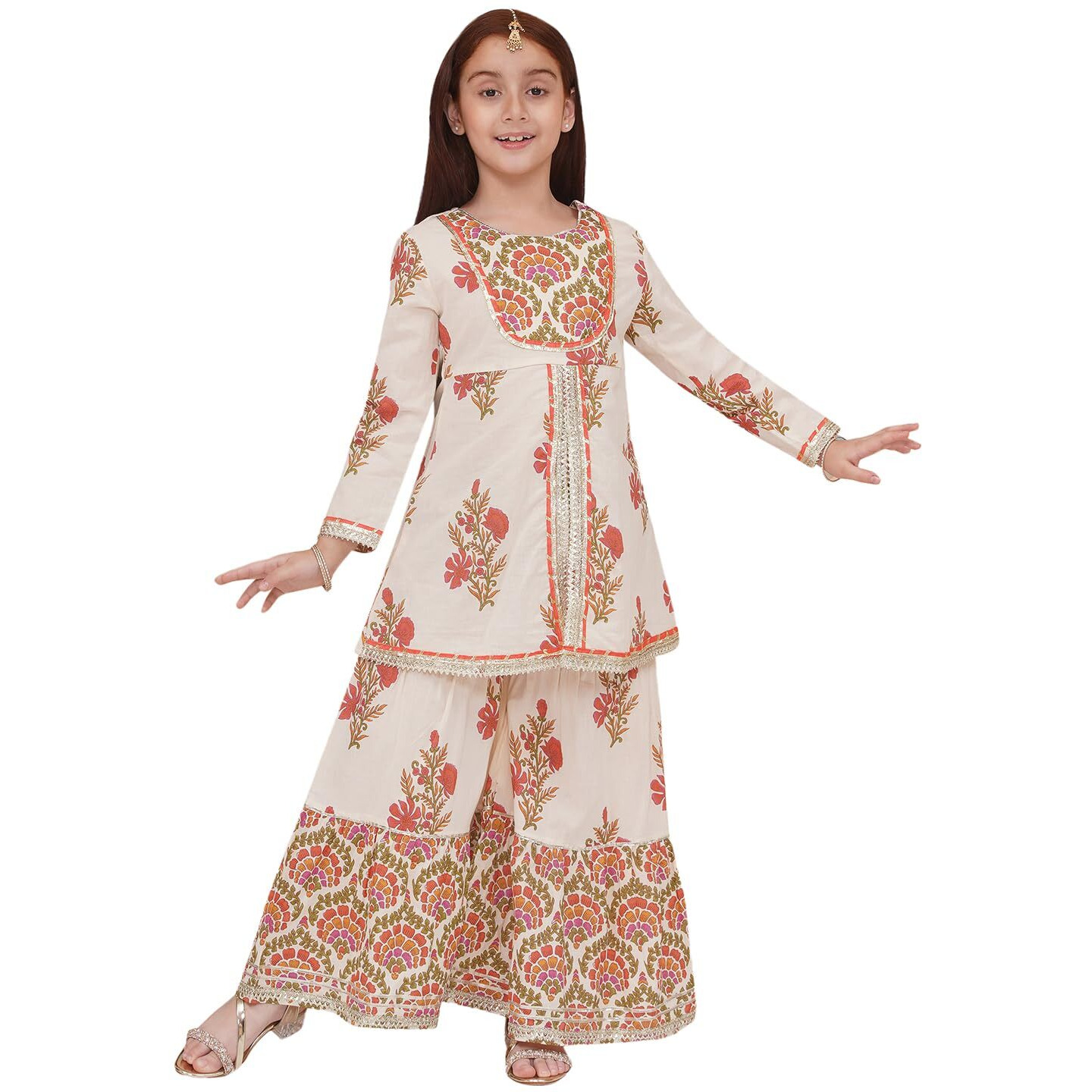 Preneum Girls's Cotton Rayon Gota Pati Multi Floral Printed Angrakha Kurta With Sharara & Dupatta, Off White, 9-10 Years