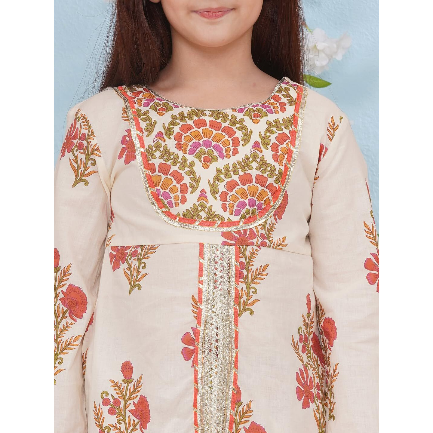 Preneum Girls's Cotton Rayon Gota Pati Multi Floral Printed Angrakha Kurta With Sharara & Dupatta, Off White, 9-10 Years
