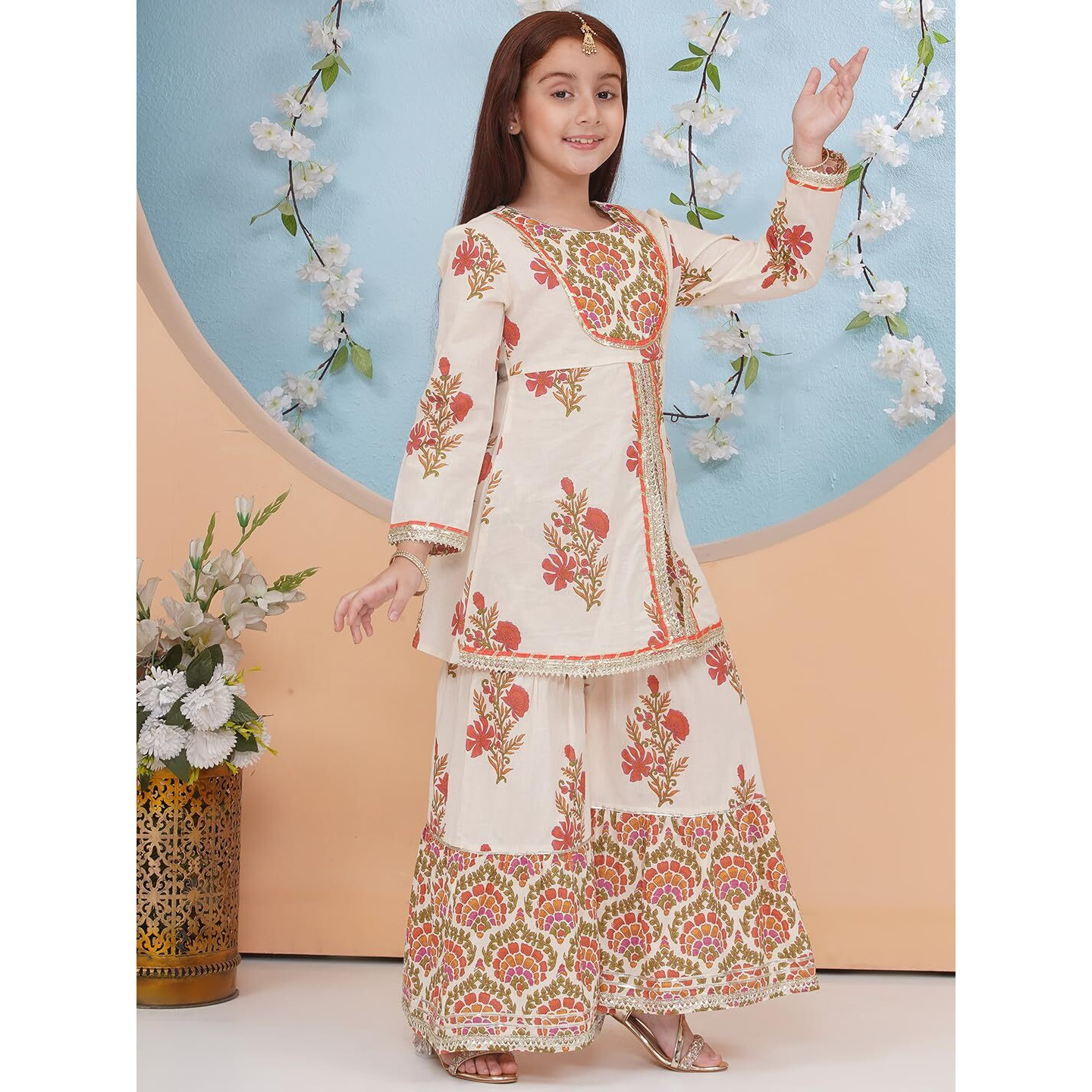 Preneum Girls's Cotton Rayon Gota Pati Multi Floral Printed Angrakha Kurta With Sharara & Dupatta, Off White, 9-10 Years