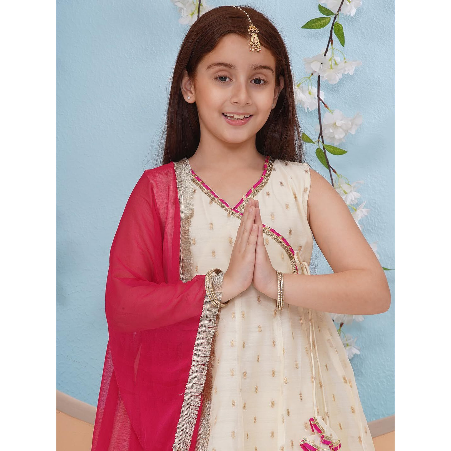 Preneum Girls's Cotton Rayon Gota Pati Floral Printed Angrakha Kurta With Sharara & Dupatta, Cream, 13-14 Years