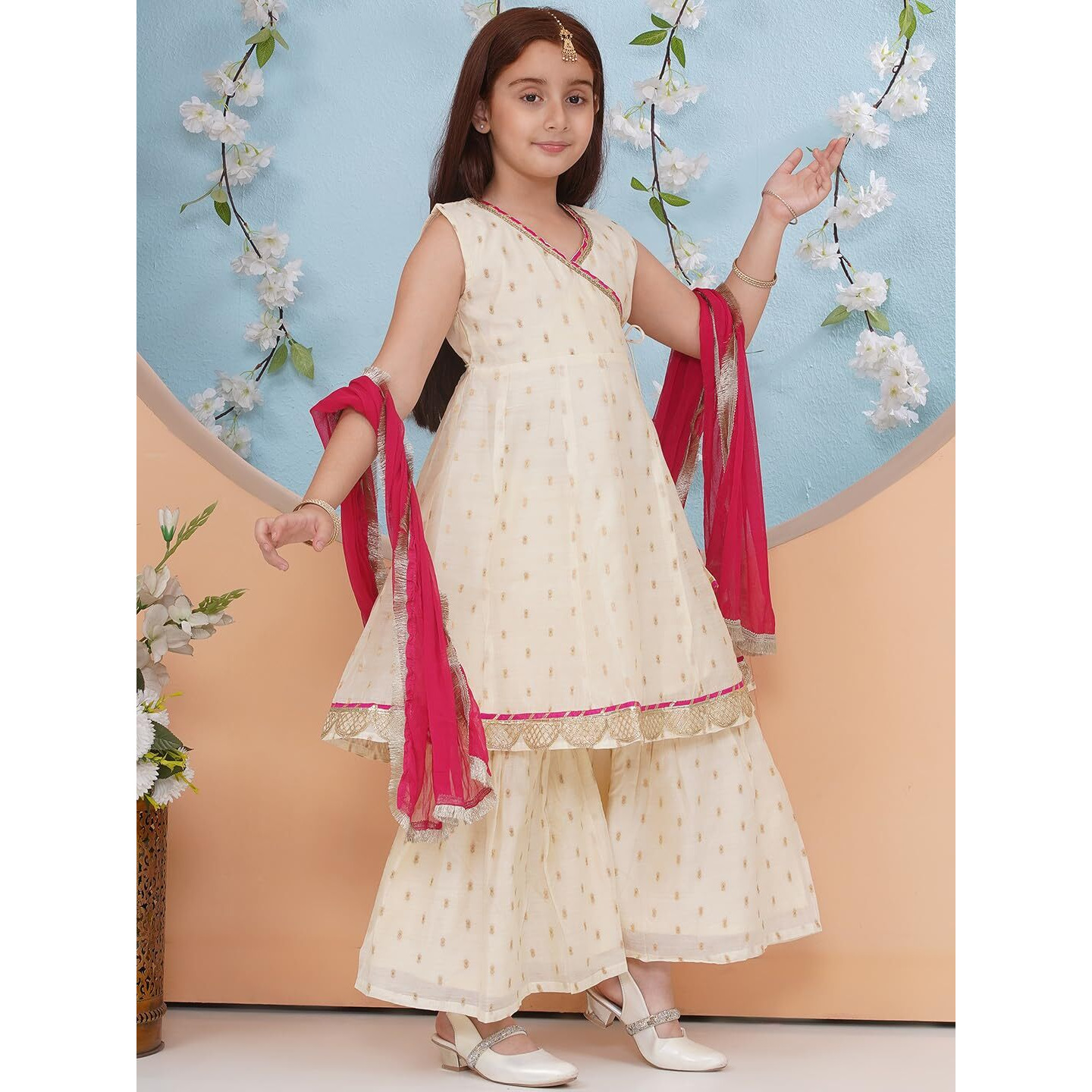Preneum Girls's Cotton Rayon Gota Pati Floral Printed Angrakha Kurta With Sharara & Dupatta, Cream, 13-14 Years