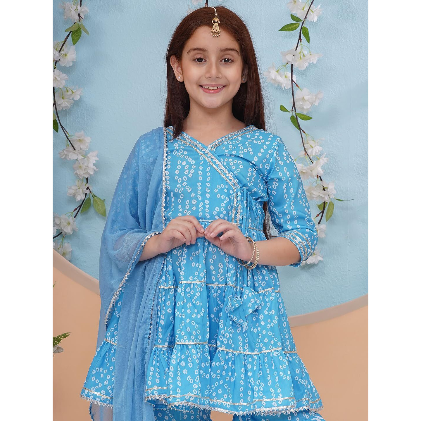 Preneum Girls's Cotton Rayon Bandhani & Lahariya Printed Angrakha Kurta With Sharara & Dupatta, Blue, 11-12 Years