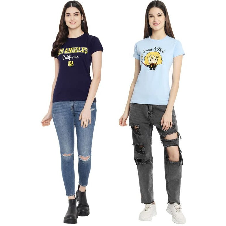 Preneum Women's Letter Print Regular T-Shirt (Pre-20-41_Dark Blue L)