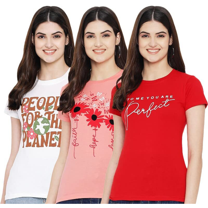 Preneum Round Neck Printed Color11 Cotton Tshirt For Pack Of 3 For Women, Multicolor, Xl