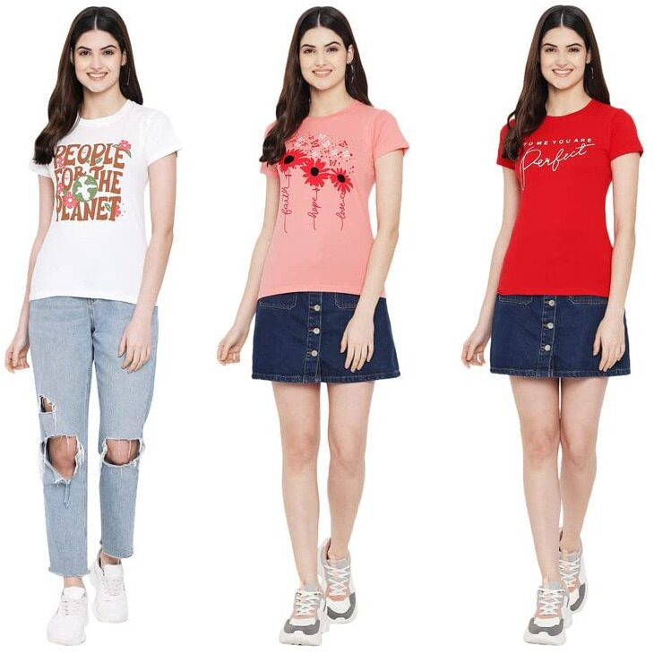 Preneum Round Neck Printed Color11 Cotton Tshirt For Pack Of 3 For Women, Multicolor, Xl