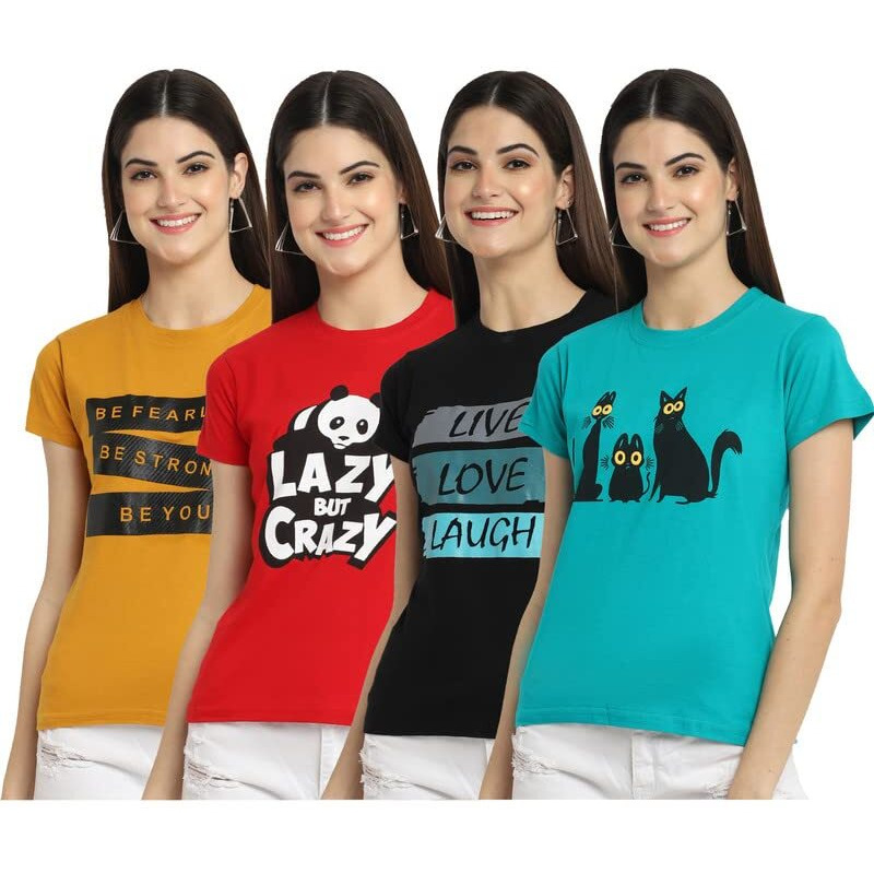 Preneum Women's Cotton Regular Fit Latest Graphic Stylish Printed Short Sleeves Casual T-Shirt || Trends & Stylish (Pack 4), Imperial Red, Xl