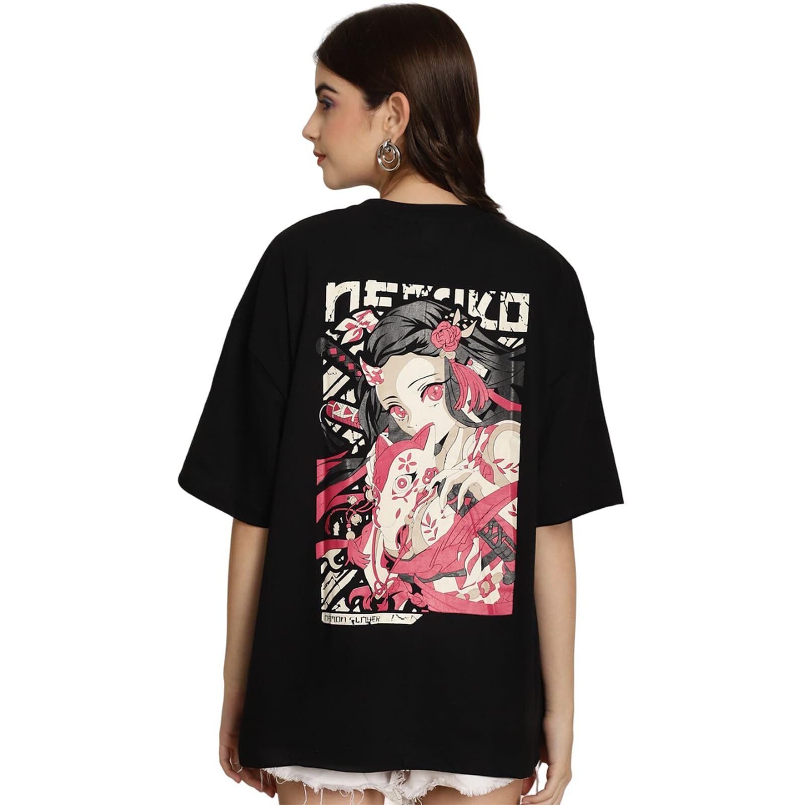 Preneum Women's Cotton Latest Printed Baggy Fit Drop-Shoulder Sleeves Cotton Oversized T-Shirt, Charcoal Black, M