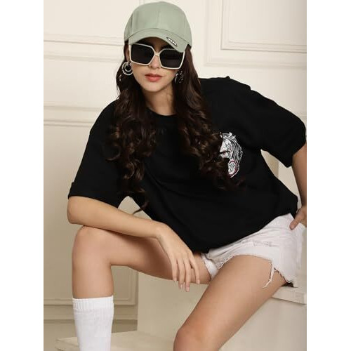 Preneum Women's Cotton Latest Printed Baggy Fit Drop-Shoulder Sleeves Cotton Oversized T-Shirt, Charcoal Black, M