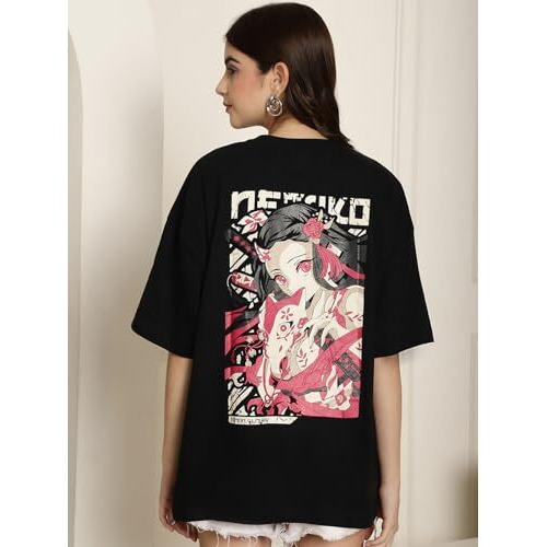 Preneum Women's Cotton Latest Printed Baggy Fit Drop-Shoulder Sleeves Cotton Oversized T-Shirt, Charcoal Black, M