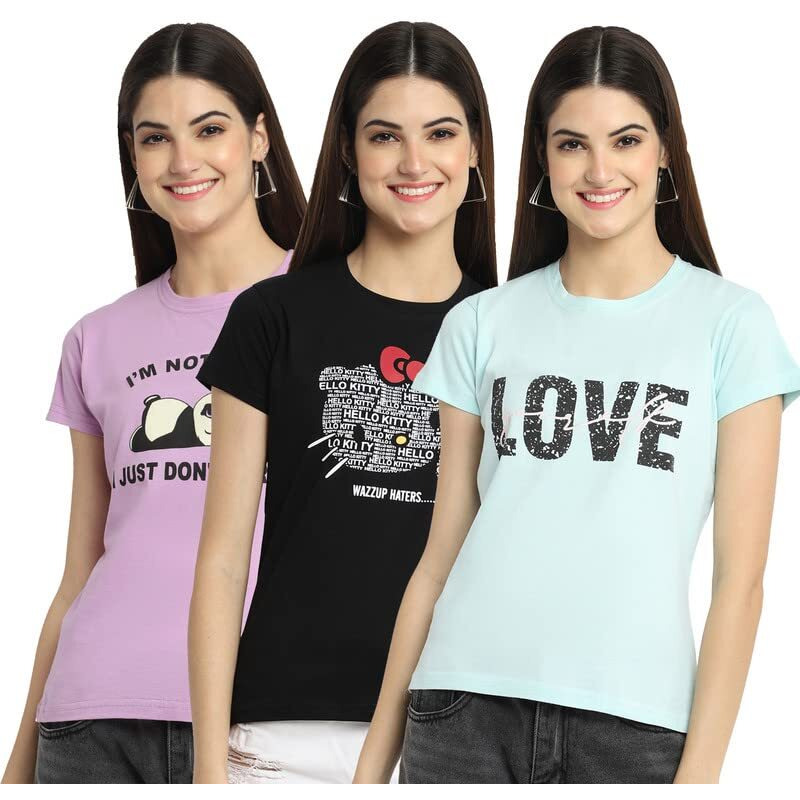 Preneum Women's Regular Fit T-Shirt (Su-46-38-39_Purple & Black & Blue L)