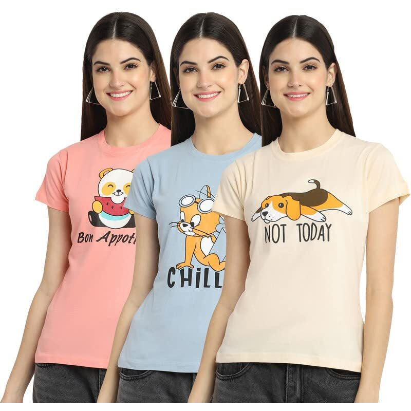 Preneum Women's Cotton Regular Fit Latest Graphic Stylish Printed Short Sleeves Casual T-Shirt || Trending & Style (Pack 3), Pink & Grey & Cream, Xl