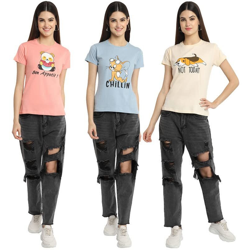 Preneum Women's Cotton Regular Fit Latest Graphic Stylish Printed Short Sleeves Casual T-Shirt || Trending & Style (Pack 3), Pink & Grey & Cream, Xl
