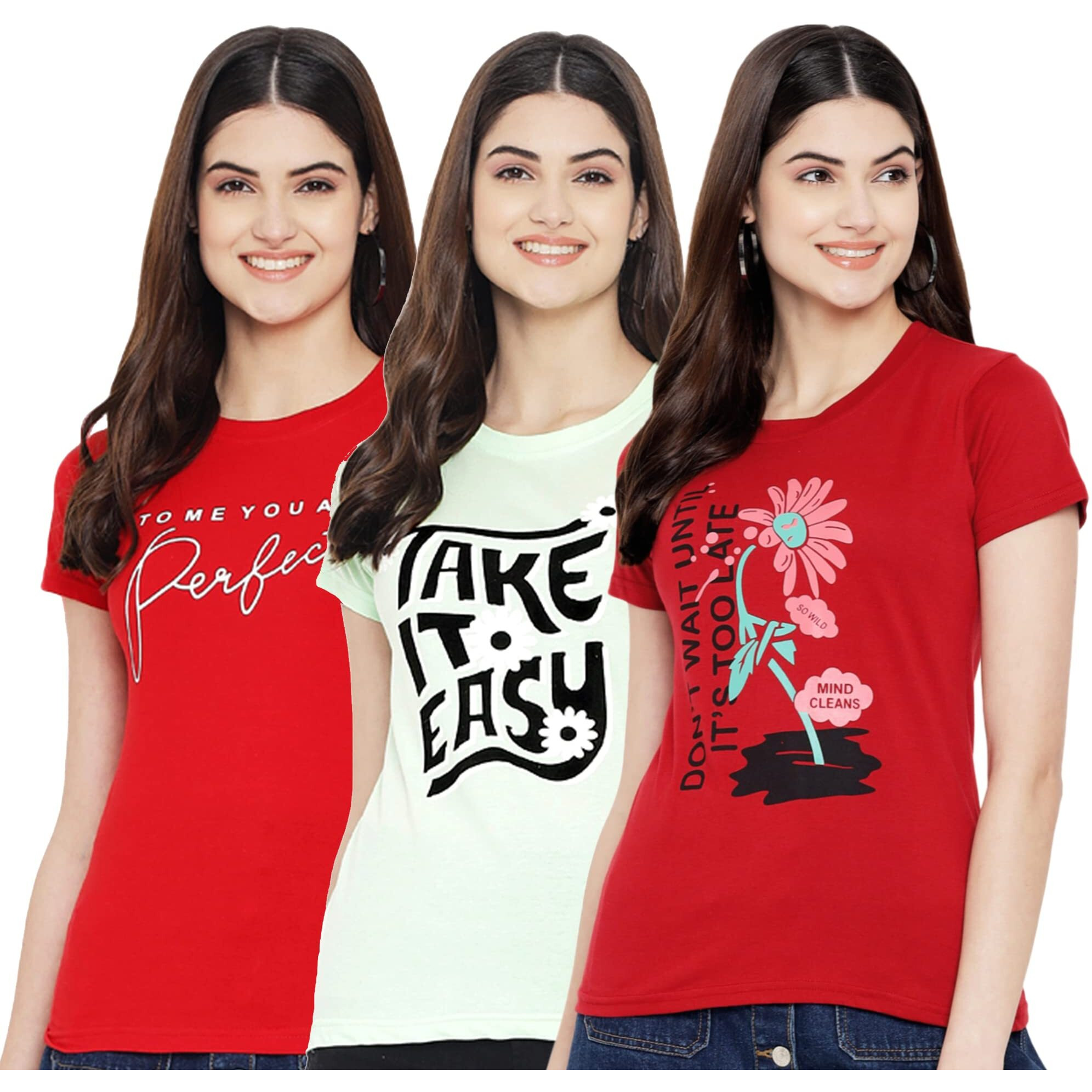 Preneum Women's Cotton Regular Fit Latest Graphic Stylish Printed Short Sleeves Casual T-Shirt || Trends & Stylish (Pack 3), Dark Red, L