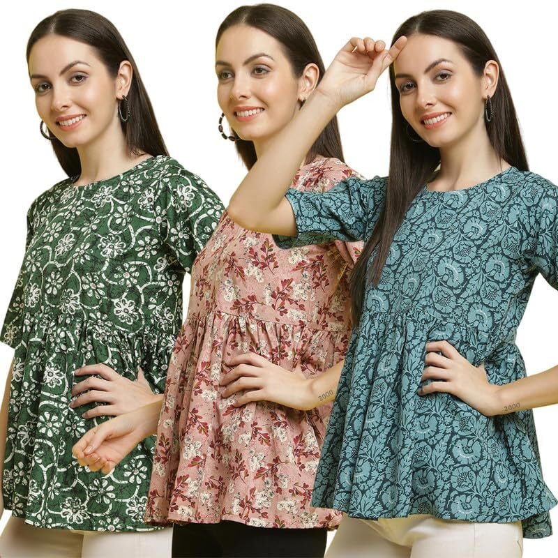 Pinkimint Crape Combo Top For Women Ll Stylish Casual Flared Fancy Sleeve Printed Regular Fit Top (Pack Of 3)
