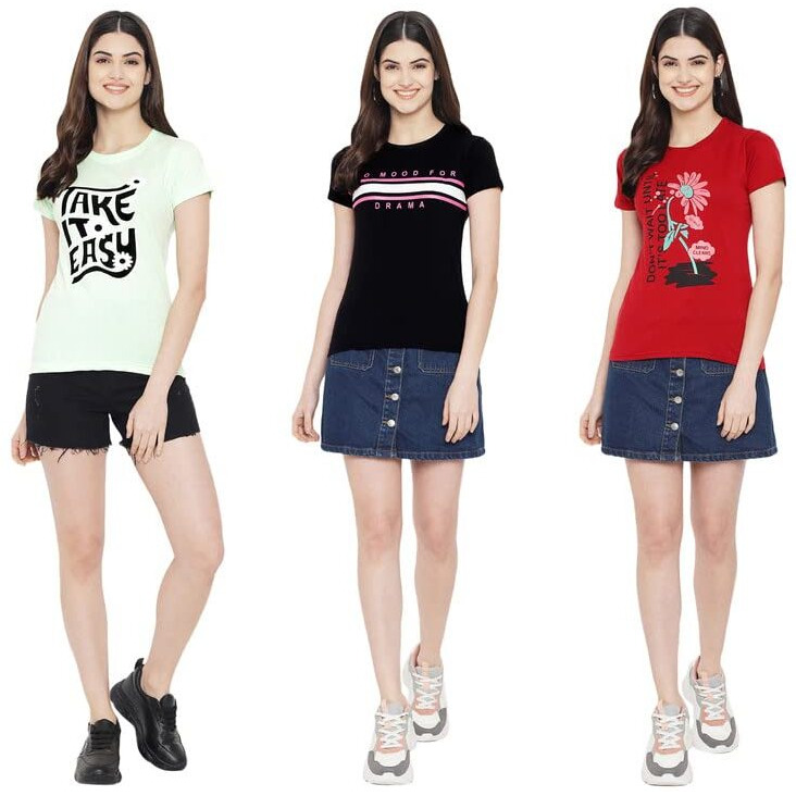 Preneum Women's Cotton Regular Fit Latest Graphic Stylish Printed Short Sleeves Casual T-Shirt || Trendy & Styling (Pack 3), Green & Black & Red, Xl