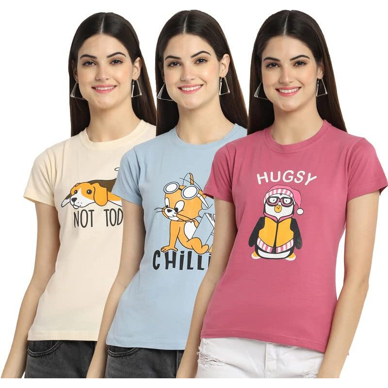 Preneum Women's Cotton Regular Fit Latest Graphic Stylish Printed Short Sleeves Casual T-Shirt || Latest Trendy & Styles (Pack 3), Cream & Grey & Pink, Xl