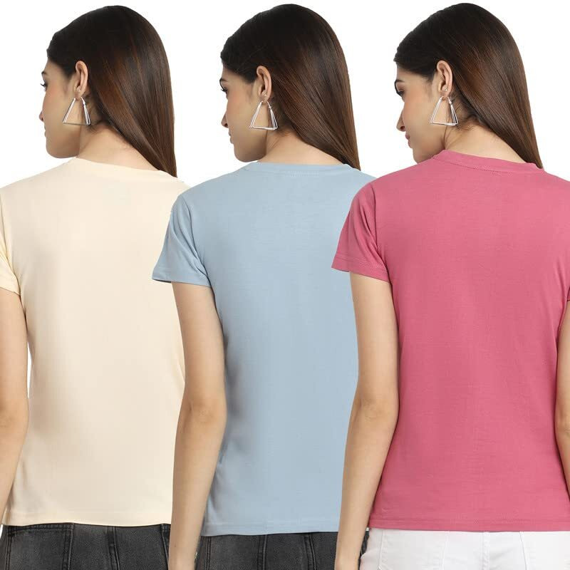 Preneum Women's Cotton Regular Fit Latest Graphic Stylish Printed Short Sleeves Casual T-Shirt || Latest Trendy & Styles (Pack 3), Cream & Grey & Pink, Xl