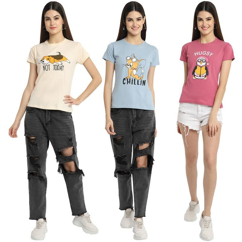 Preneum Women's Cotton Regular Fit Latest Graphic Stylish Printed Short Sleeves Casual T-Shirt || Latest Trendy & Styles (Pack 3), Cream & Grey & Pink, Xl