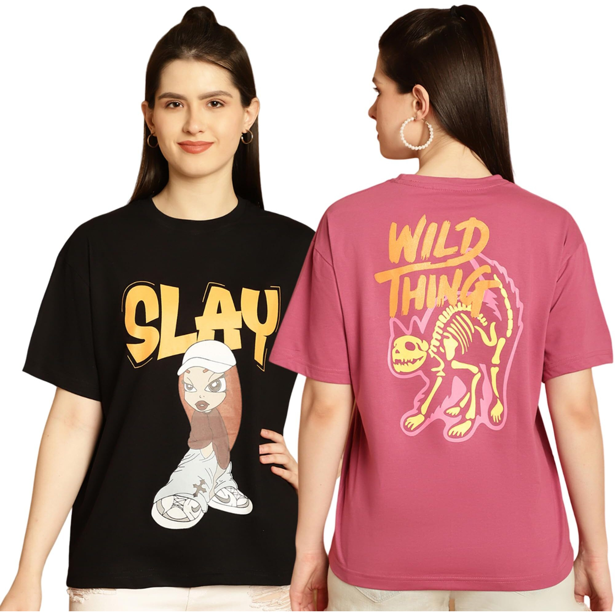 Preneum Women's Cartoon Oversized Fit T-Shirt (Oversize-501-502_Black M)