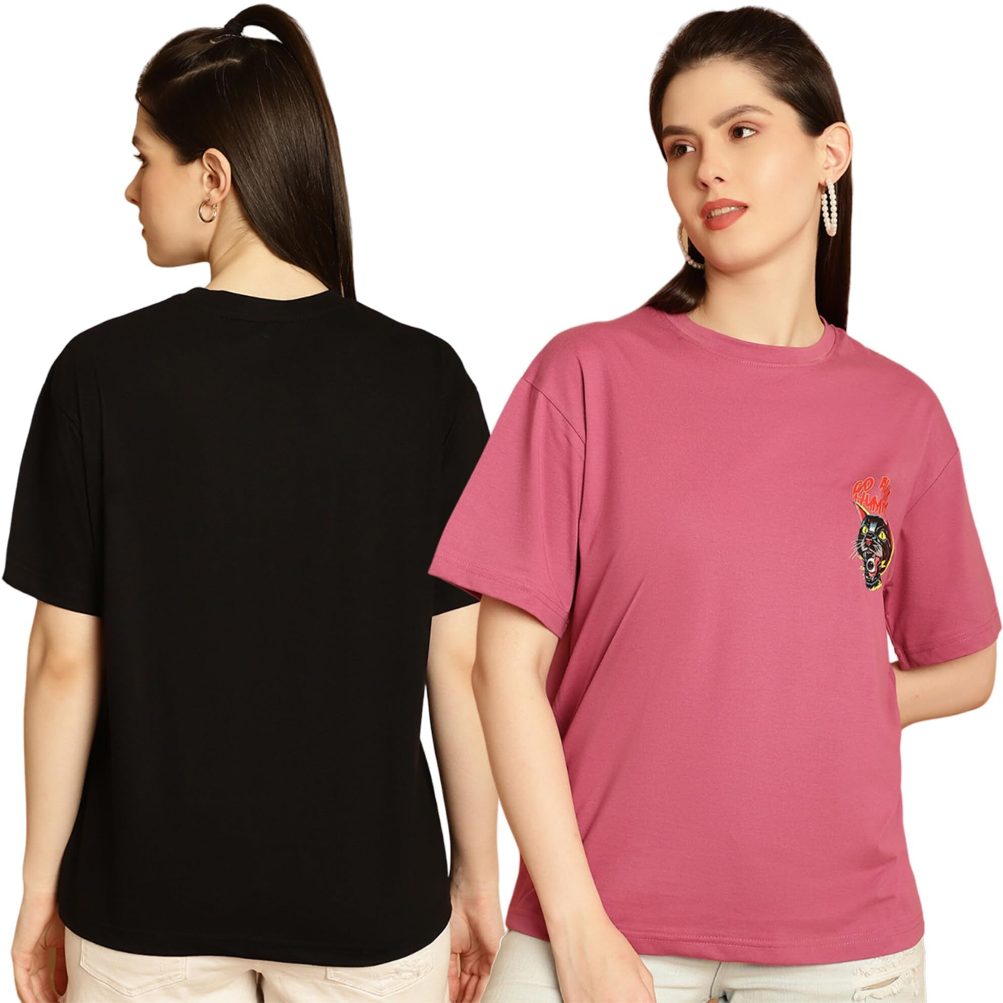 Preneum Women's Cartoon Oversized Fit T-Shirt (Oversize-501-502_Black M)