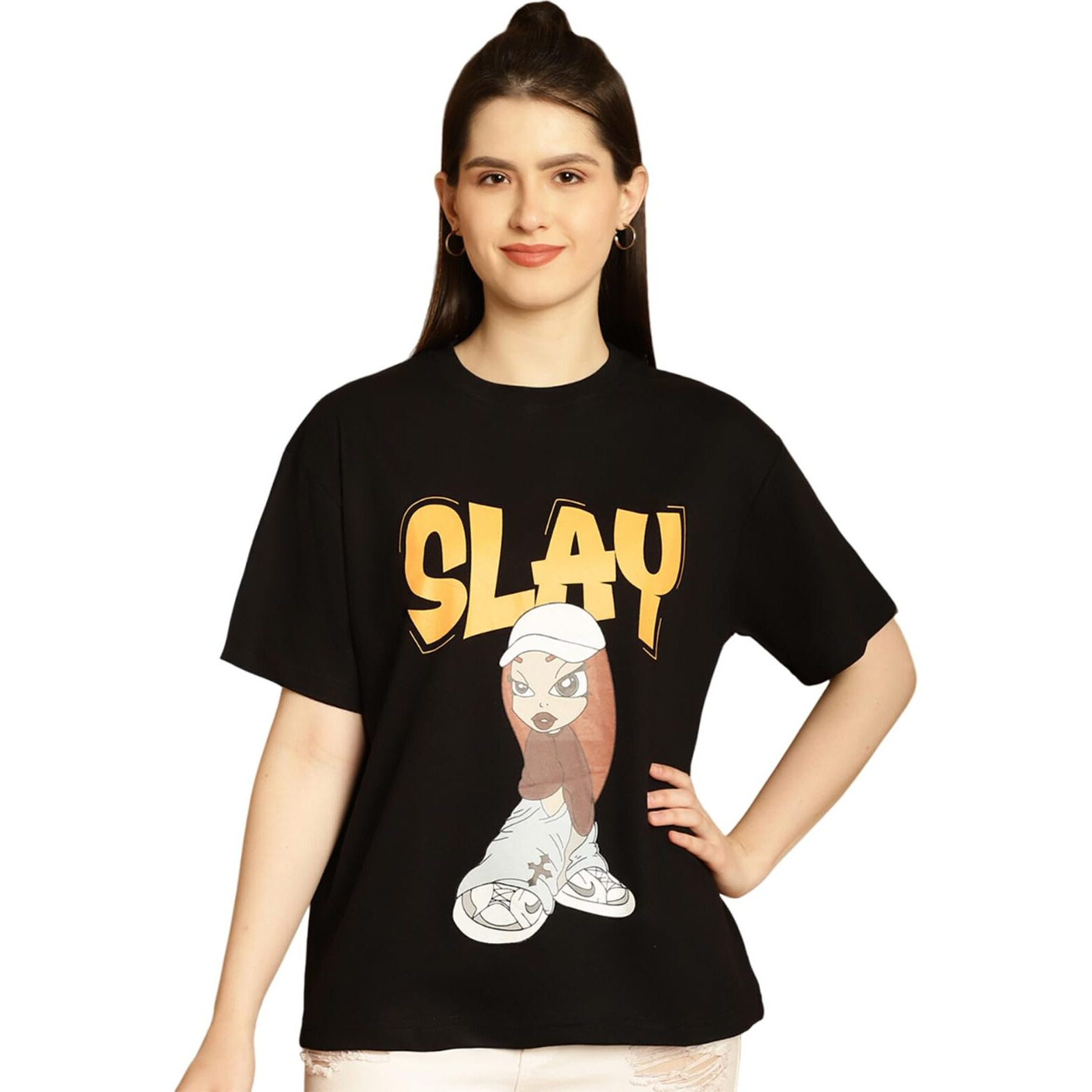 Preneum Women's Cartoon Oversized Fit T-Shirt (Oversize-501-502_Black M)