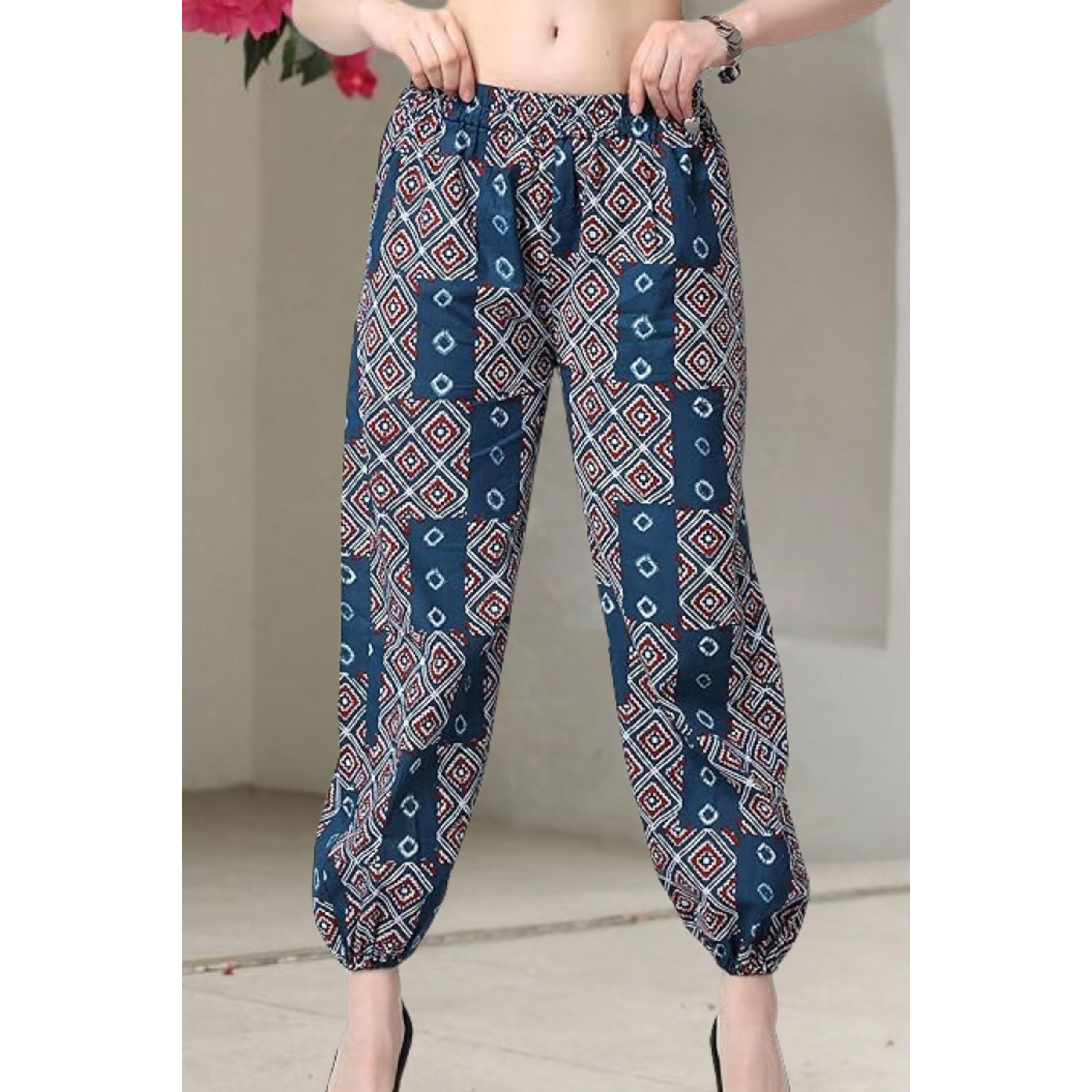 Popwings Casual Bagru Printed Cotton Joggers For Women - Latest Stylish Western Summer Pants In Navy Blue