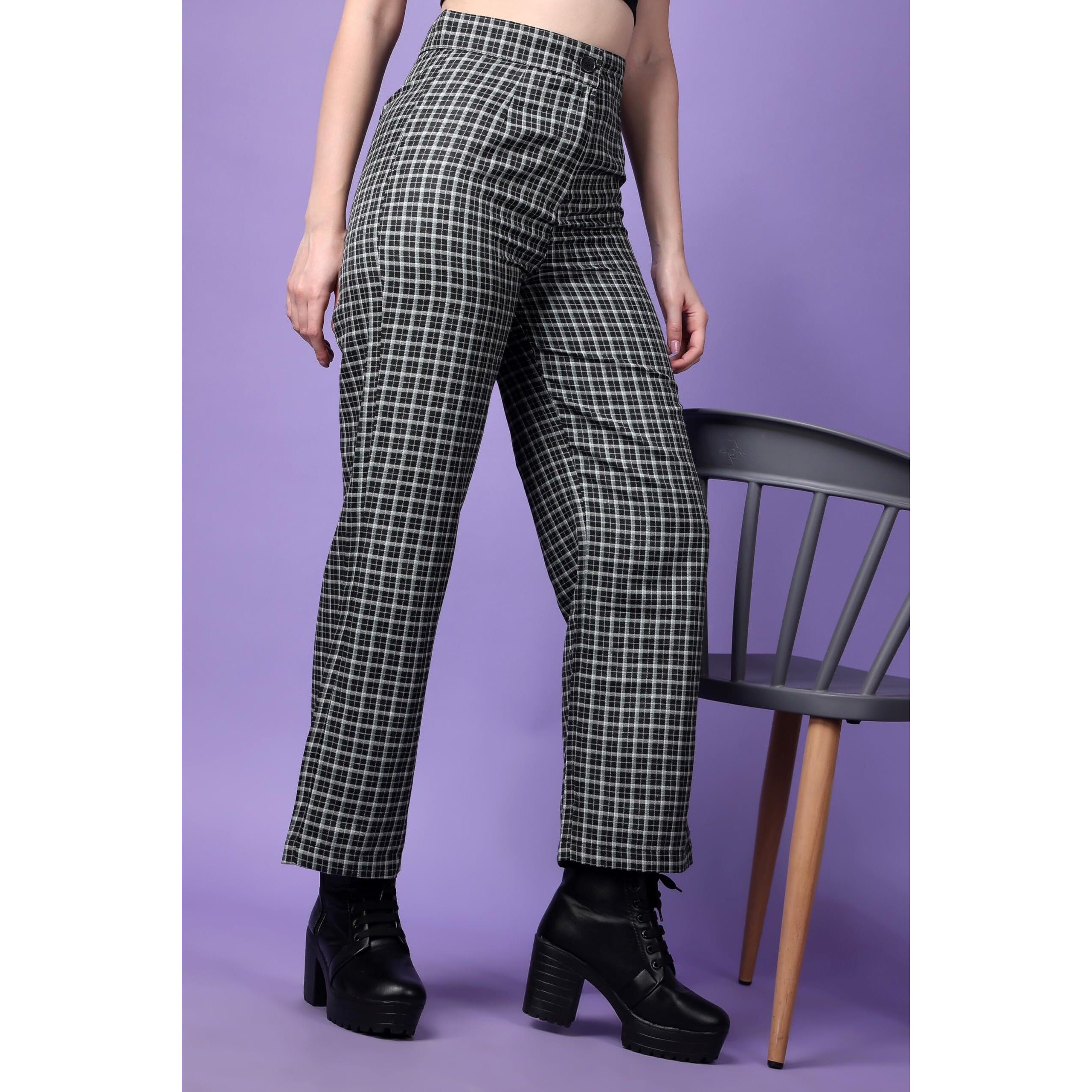 Popwings Casual Check Print Button And Zip Closure Trouser For Women | Western Wide-Leg Trouser For Women | Summer Trousers For Women | Comfortable Semi-Formal Work Trouser For Women