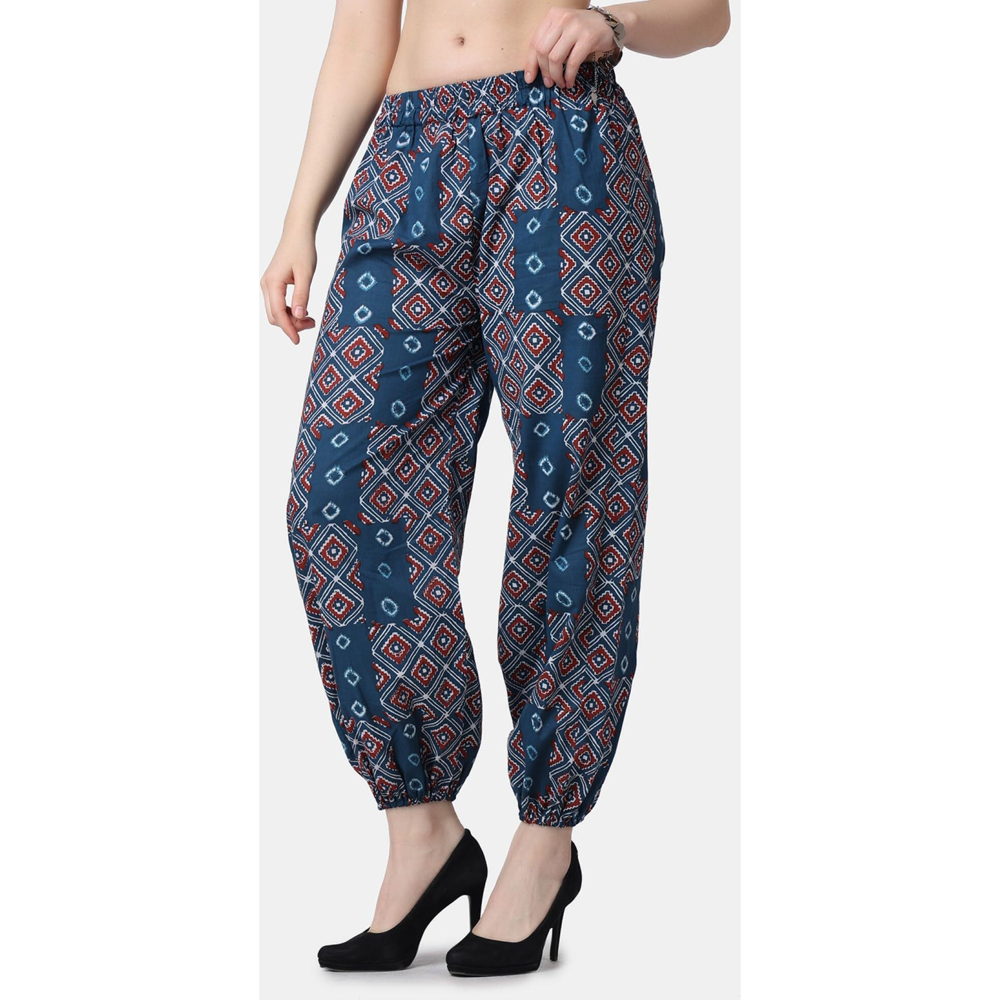 Popwings Casual Bagru Printed Joggers For Women || Pull On Joggers For Women || Comfortable Casual Women Joggers For Summer || Loose Fit Joggers For Women Navy Blue