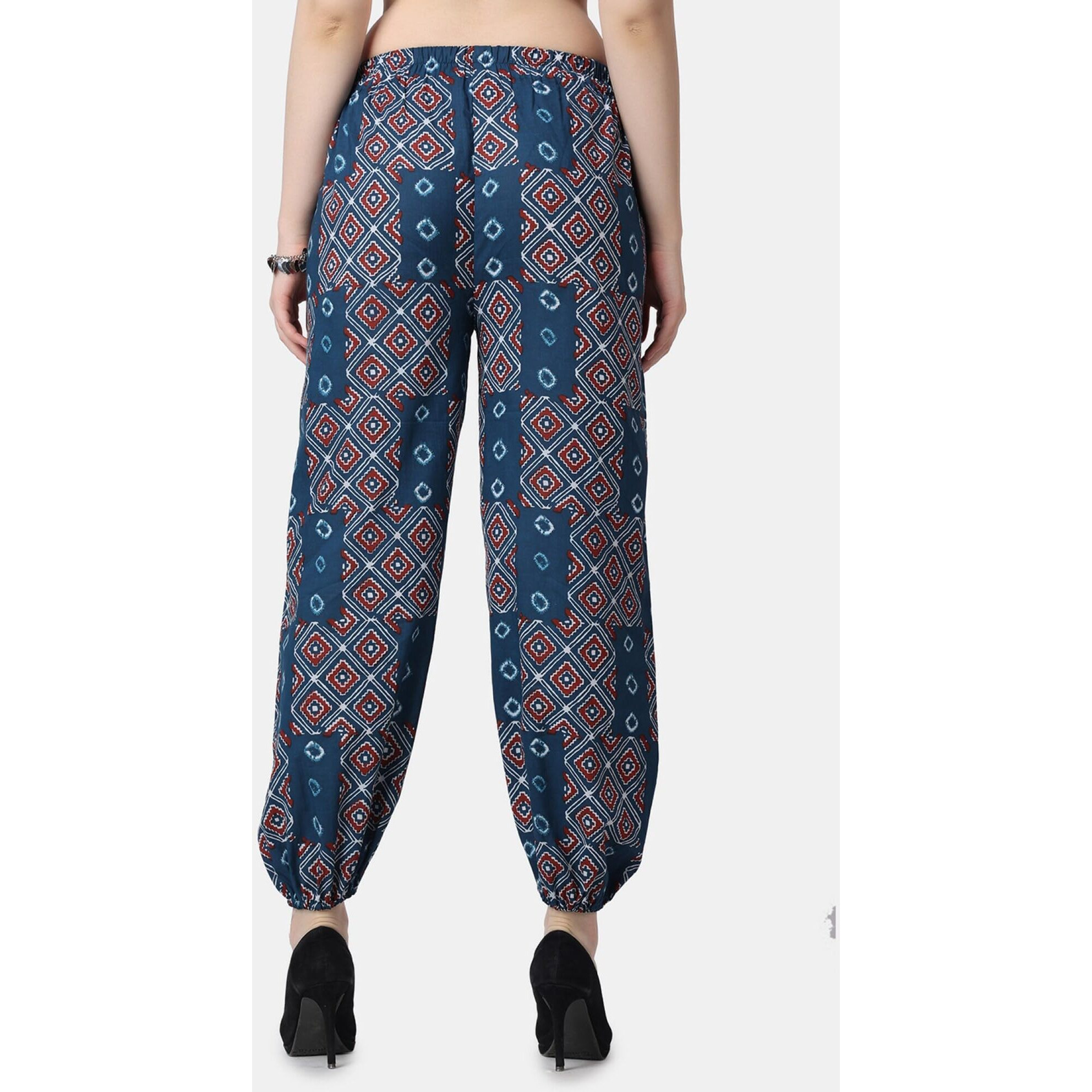 Popwings Casual Bagru Printed Joggers For Women || Pull On Joggers For Women || Comfortable Casual Women Joggers For Summer || Loose Fit Joggers For Women Navy Blue