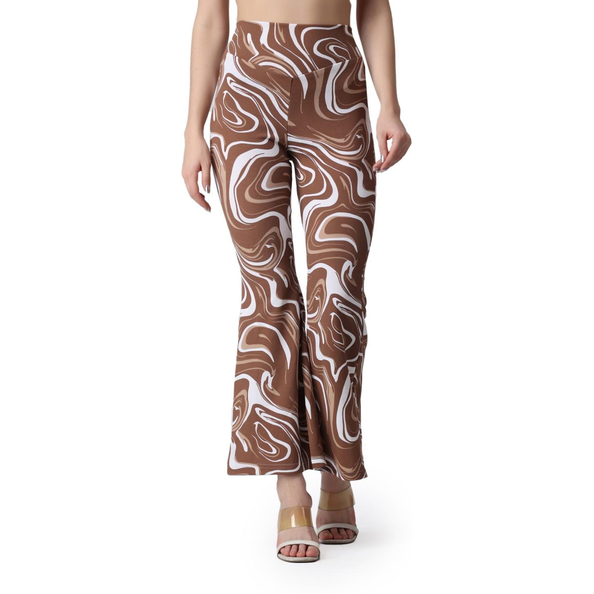 Popwings Casual Marble Print Bell Bottom Trousers For Women | Flare Fit Women Trousers For Summer | Stylish Western Regular Fit Casual Trousers For Women | Printed Women Trousers For Summer
