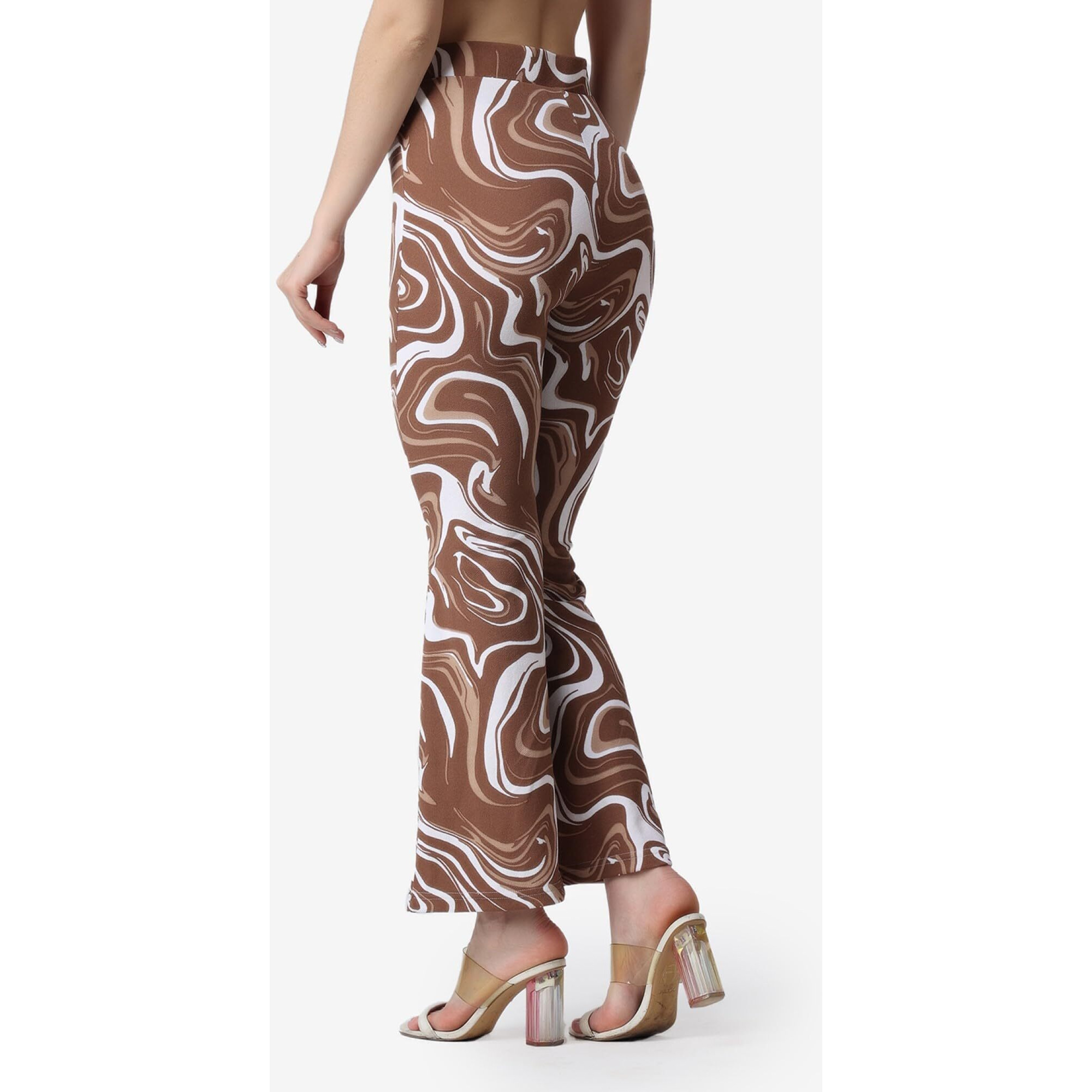 Popwings Casual Marble Print Bell Bottom Trousers For Women | Flare Fit Women Trousers For Summer | Stylish Western Regular Fit Casual Trousers For Women | Printed Women Trousers For Summer