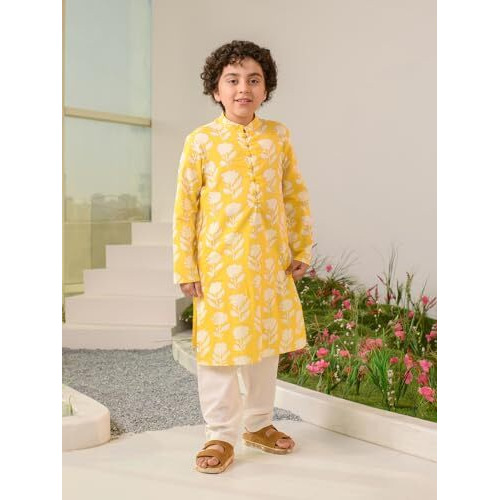 Pspeaches Boys Floral Printed Pure Cotton Kurta With Pyjamas