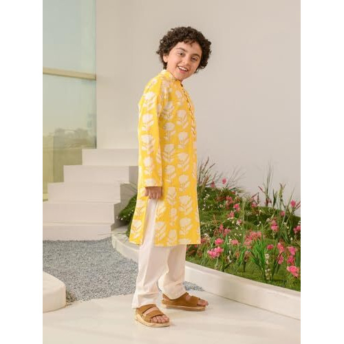 Pspeaches Boys Floral Printed Pure Cotton Kurta With Pyjamas