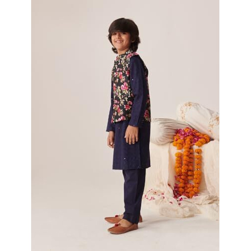 Pspeaches Boys Floral Embroidered Regular Sequinned Kurta With Pyjamas (14-15Years)