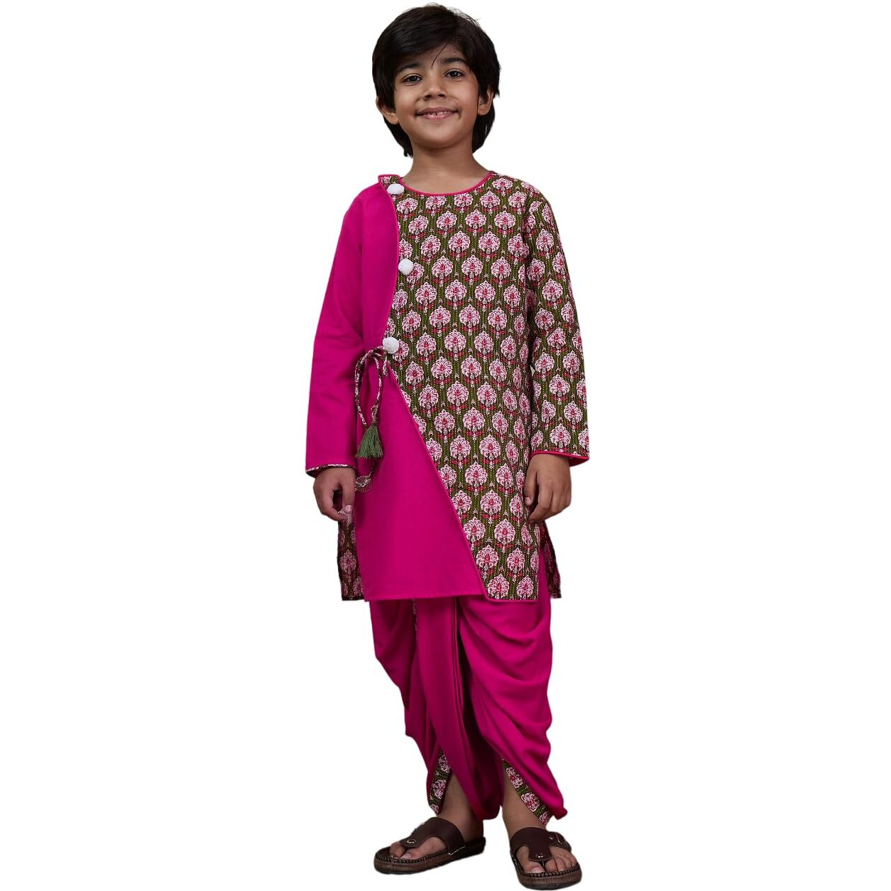 Pspeaches Boys Floral Printed Long Sleeves Straight Kurta With Dhoti Pants (6-7Years)