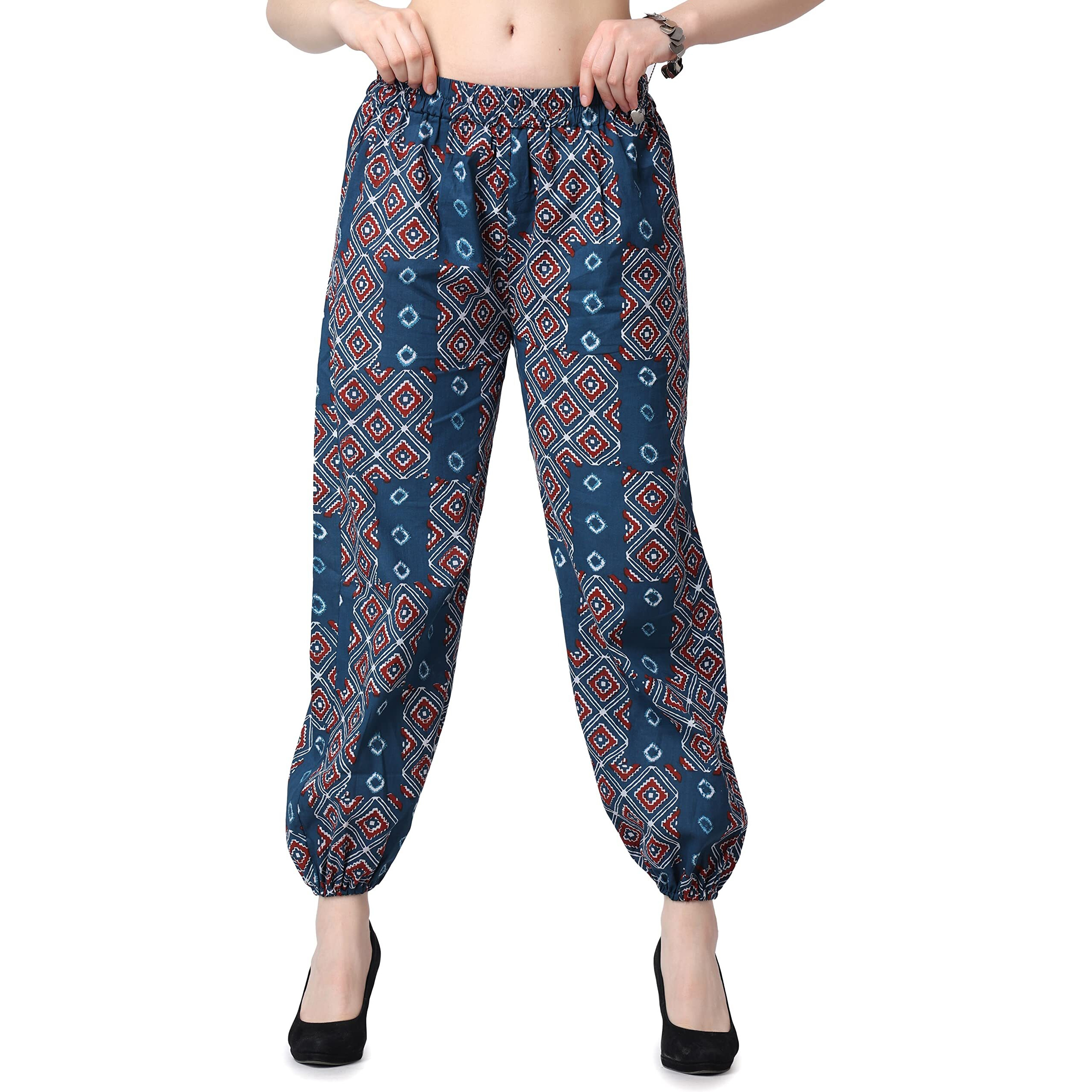Popwings Casual Bagru Printed Cotton Joggers For Women || Latest Stylish Western Women Joggers For Summer || Pull-On Women Cotton Joggers Pants || Women Joggers For Summer Navy Blue
