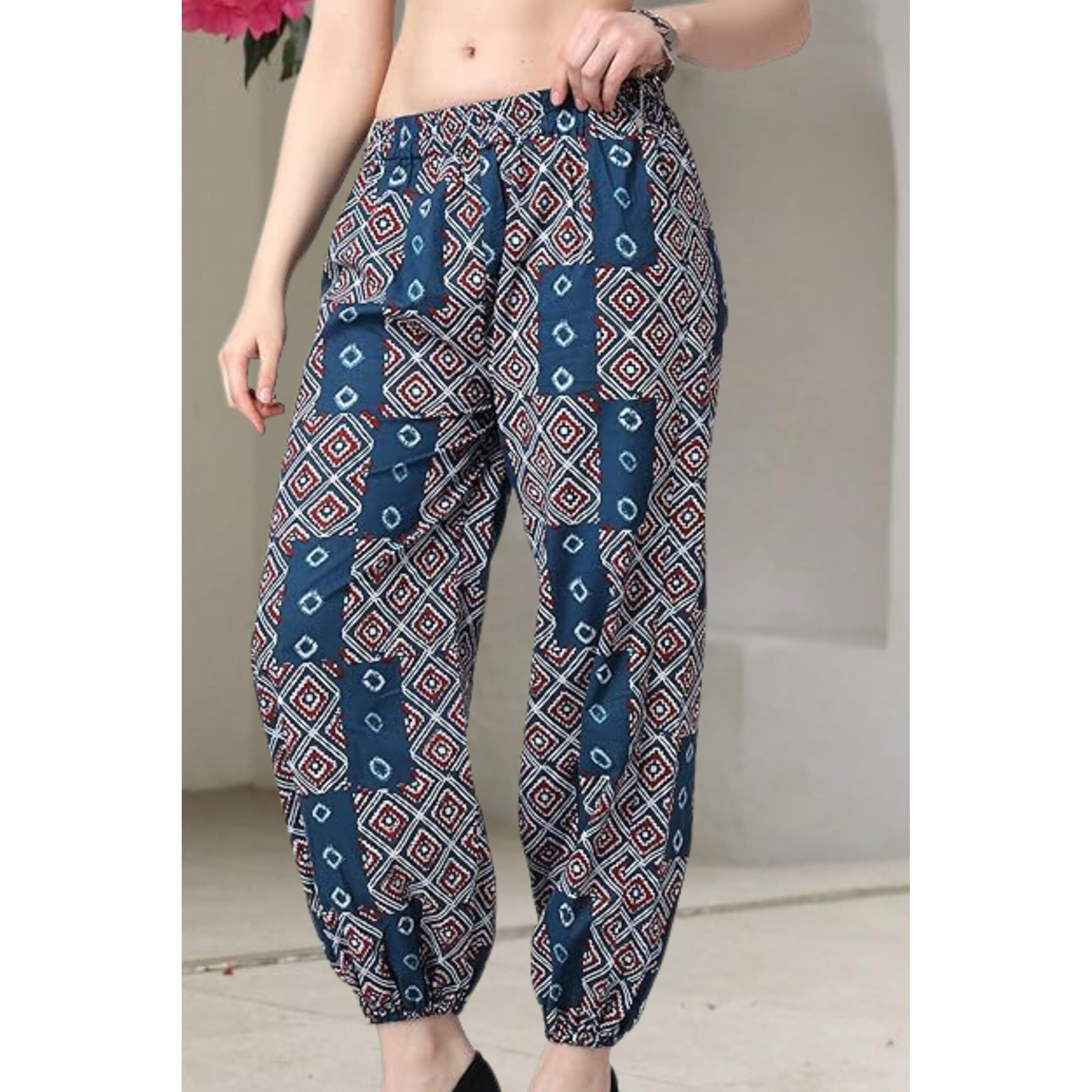Popwings Casual Bagru Printed Cotton Joggers For Women || Latest Stylish Western Women Joggers For Summer || Pull-On Women Cotton Joggers Pants || Women Joggers For Summer Navy Blue