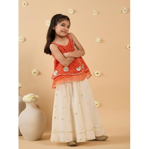 Pspeaches Girl's Silk Blend Top & Palazzo Set (Iw25006004-7-8Y_Red & White