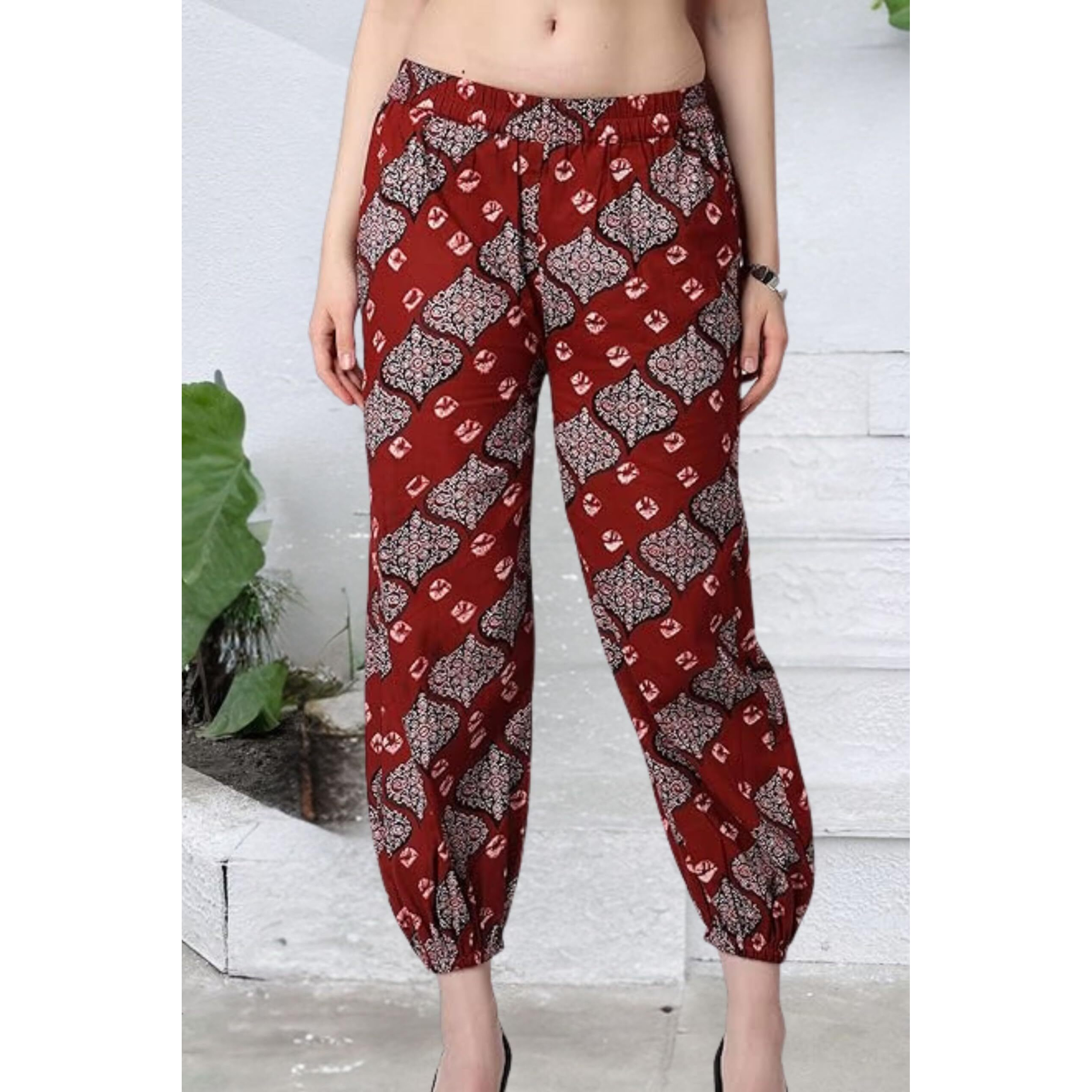 Popwings Casual Bagru Printed Cotton Joggers For Women - Latest Stylish Western Summer Pants - Pull-On Maroon